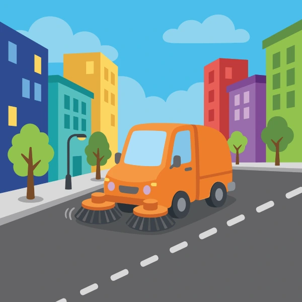 Street sweeper in downtown, colored orange, light blue, and sun yellow, with turquoise above and earth brown below.