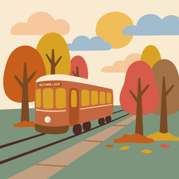 Streetcar in red, mustard yellow, and brown beside autumn trees, with cream sky and gray ground.