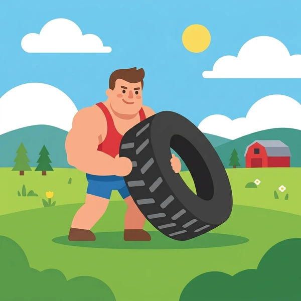Muscular strongman in red tank top and blue shorts flipping a large black truck tire in a green grass field