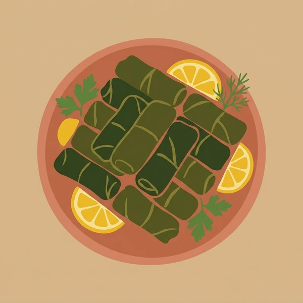 Stuffed Grape Leaves Platter scene showing stuffed grape leaves, olive green wrap, rice herb filling, lemon slice, and mezze platter in a food coloring puzzle