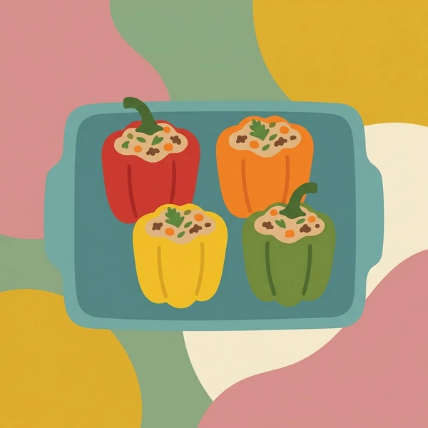 Stuffed Peppers On Tray scene showing stuffed bell peppers, colorful pepper shells, rice meat filling, sauce, and baking tray in a food coloring puzzle