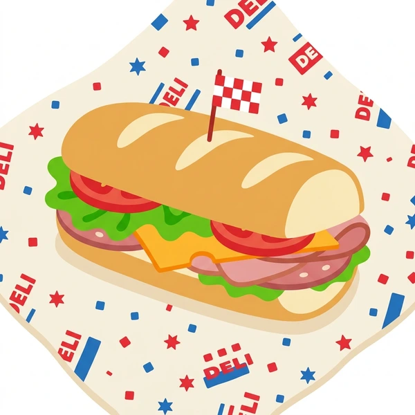 Sub Sandwich On Deli Wrap scene showing sub sandwich, hoagie roll, deli meats, cheese, lettuce, tomato, and deli paper wrap in a food coloring puzzle