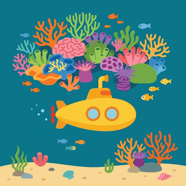 Submarine below coral reef with sun yellow and mustard yellow body tones, orange accents, and navy blue background.