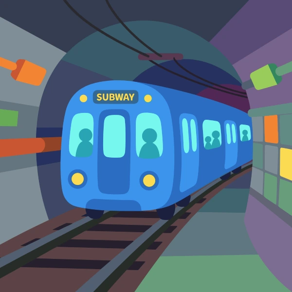 Deep blue, gray, and sky blue subway train inside a tunnel or cave with dark walls, rails, and hanging lights.