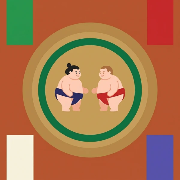 Two sumo wrestlers in white loincloths competing in a tan clay ring inside a traditional sumo hall with colorful wall panels