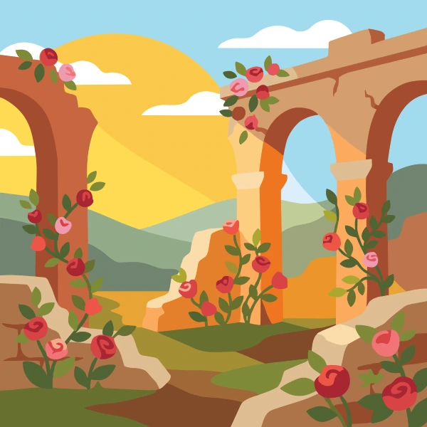 Ancient stone arches covered with climbing roses bathed in golden sunset light