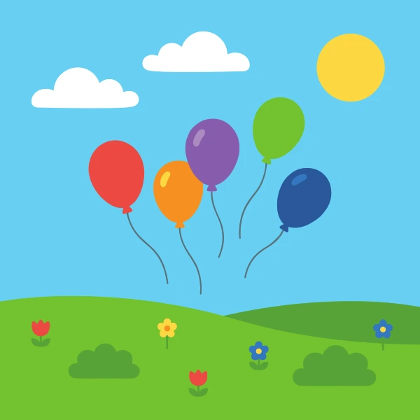 Colorful balloons floating above a bright sunny green meadow filled with wildflowers