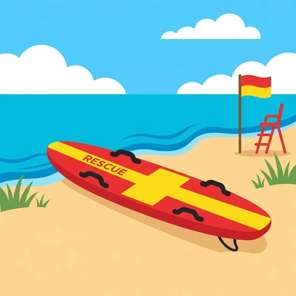 Red and yellow surf lifesaving rescue board on sandy beach with a white and red lifeguard tower and blue water