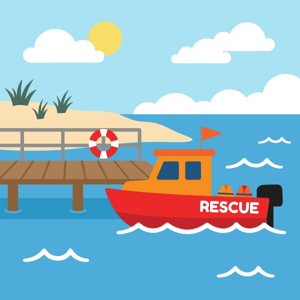 Orange, brown, and teal surf rescue boat near sand, blue water, and palm trees, cliffs, or a pier.