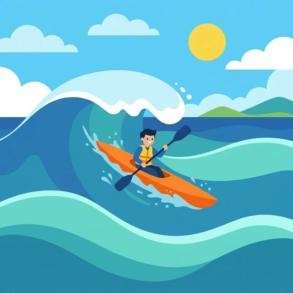 Paddler in yellow life vest on an orange surf ski navigating blue ocean swells with green hills in the background