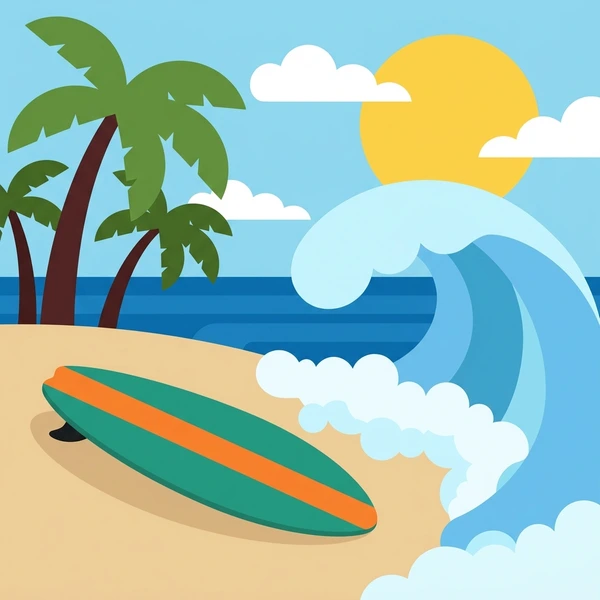 Green and orange striped surfboard on tan sand beside a large crashing wave with palm trees and bright tropical sky