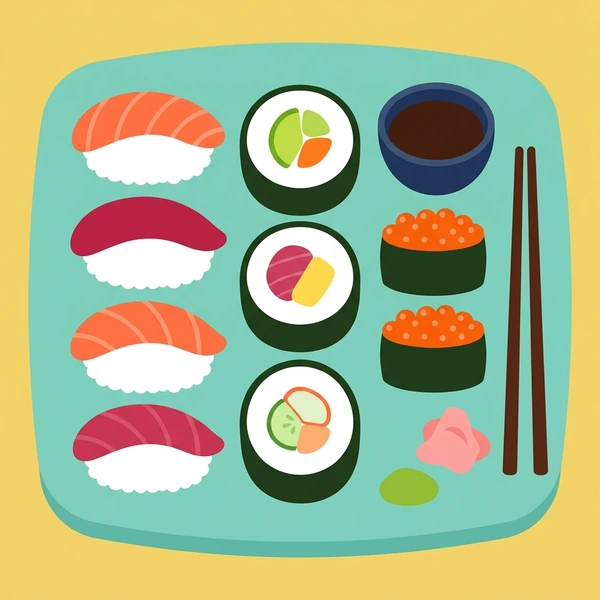 Sushi On Platter scene showing sushi pieces, nigiri, maki rolls, fish toppings, nori, rice, wasabi, and platter in a food coloring puzzle