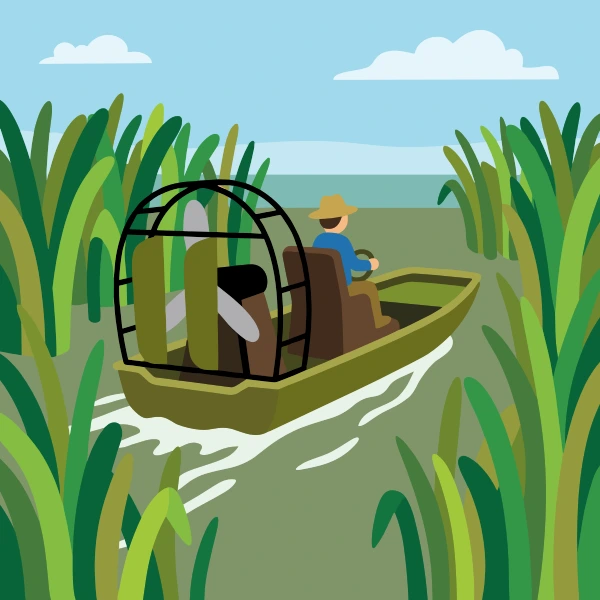 Orange, earth brown, and teal swamp boat moving through teal marsh water with tall green reeds and a bright yellow sun.