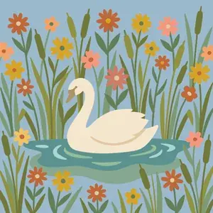 Swan Swimming Among Flowers and Reeds
