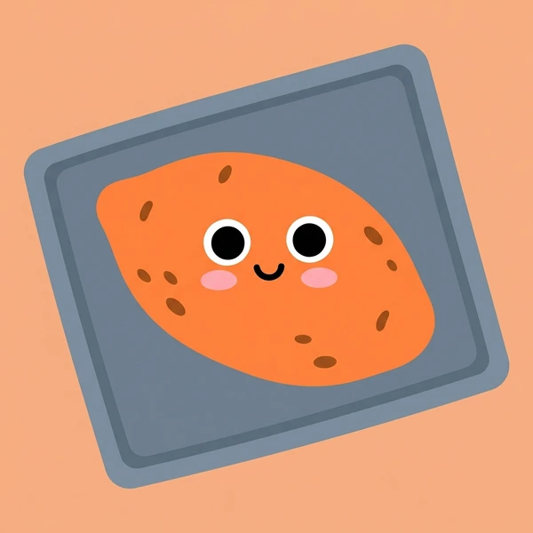 Sweet Potato On Baking Tray scene showing sweet potato halves, vivid orange flesh, caramelized skin, honey drizzle, and baking tray in a food coloring puzzle