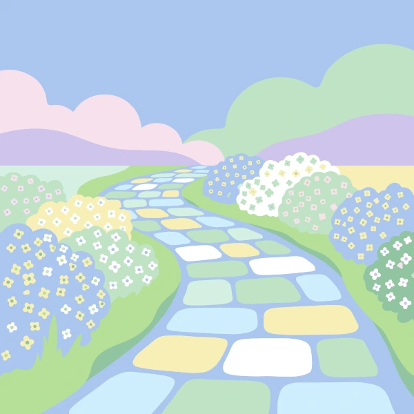 Rows of tall pink, lavender, and cream flower spikes growing from dark soil in front of rolling hills and a soft cloudy sky