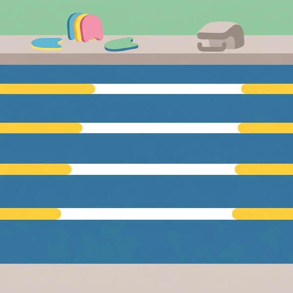 Indoor competition swimming pool with yellow and white lane dividers, blue water, and colorful kickboards on deck