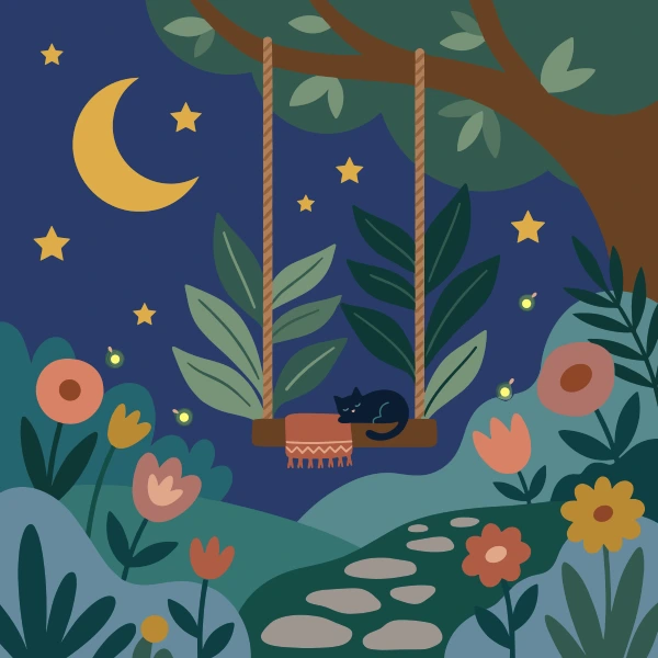 Cat sleeping peacefully on a swing under a tree at night with moon and fireflies around
