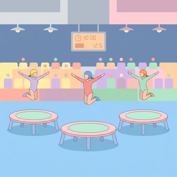 Three synchronized trampolinists in pink yellow and green leotards jumping on pink trampolines in a stadium arena with spectators