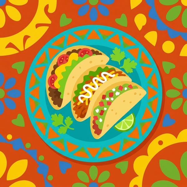 Tacos On Fiesta Plate scene showing taco shells, seasoned meat filling, lettuce, tomato, cheese, and festive plate in a food coloring puzzle