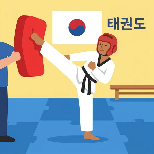 Martial artist in white taekwondo uniform and red helmet performing a high kick with a partner holding a target pad in a studio