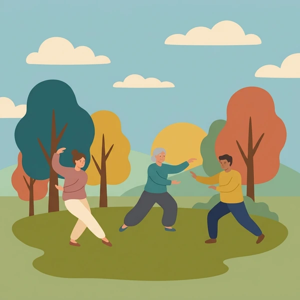 Elderly couple practicing tai chi together in an autumn park with red yellow and green trees and morning light