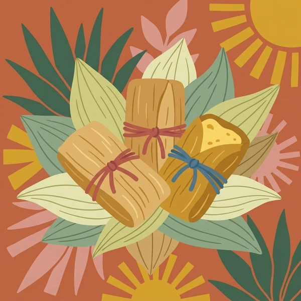 Tamales On Corn Husks scene showing tamales, corn husk wrappers, masa dough, spiced meat or vegetable filling, and wooden setting in a food coloring puzzle