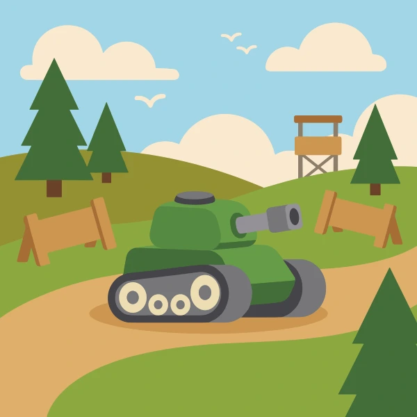 Tank on training ground with olive green and forest green body tones, gray accents, and light blue background.