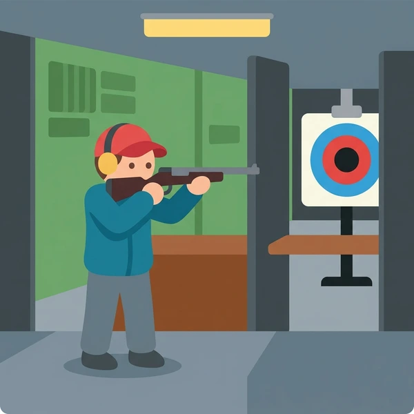Marksman in blue jacket aiming a rifle at a red and blue bullseye target inside an indoor shooting range with green walls