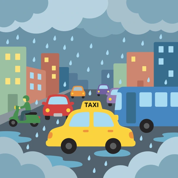 Yellow taxi in the foreground of a rainy city street with dark storm clouds, rain drops, puddles, colorful buildings, a red car, green scooter, and blue bus.