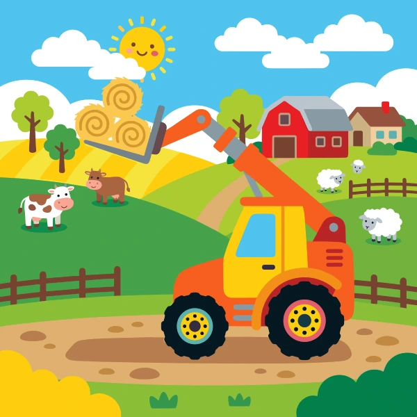 Forest green, gray, and mustard yellow telehandler in fields with barns, crop rows, hay bales, or farm animals under a bright sky.