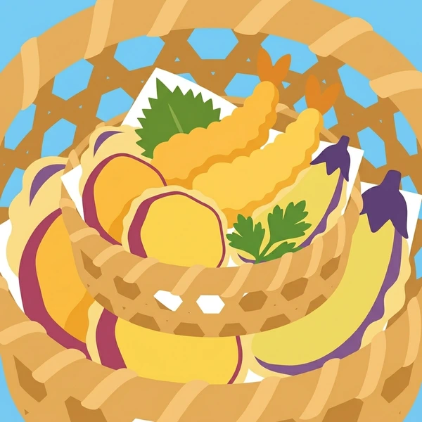 Tempura In Paper Basket scene showing tempura shrimp and vegetables, golden delicate batter, paper basket, and dipping sauce in a food coloring puzzle