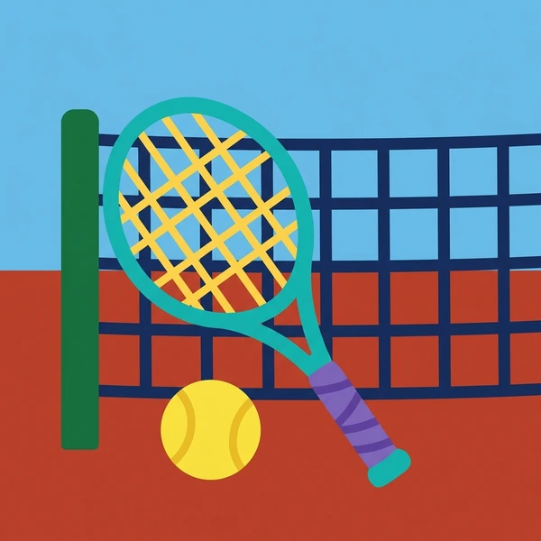 Turquoise tennis racket with yellow strings and a yellow tennis ball beside a blue and red net on a red clay court