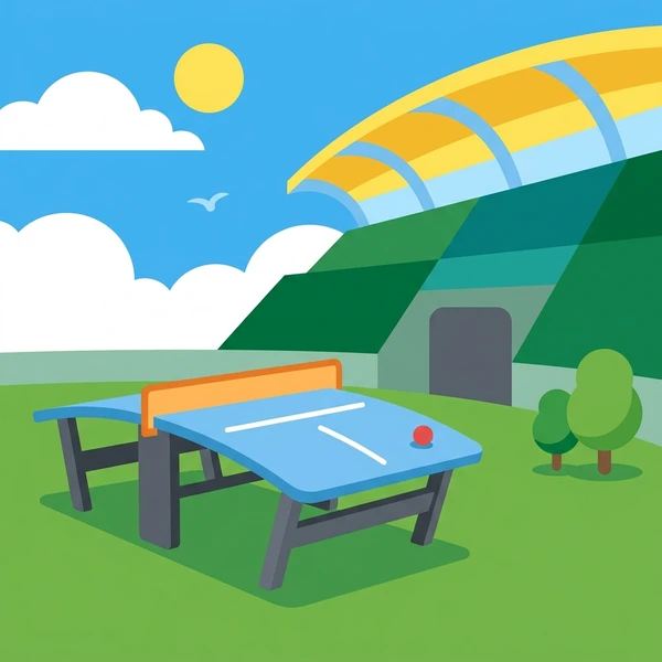 Curved blue teqball table with orange edge on green grass field beside a yellow-roofed stadium under blue sky