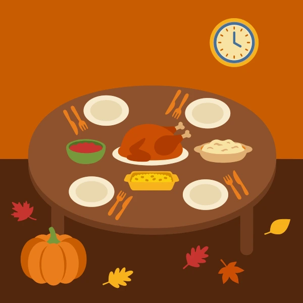 Round dining table set for Thanksgiving with roast turkey, side dishes, pumpkin, plates, and autumn leaves on orange wall