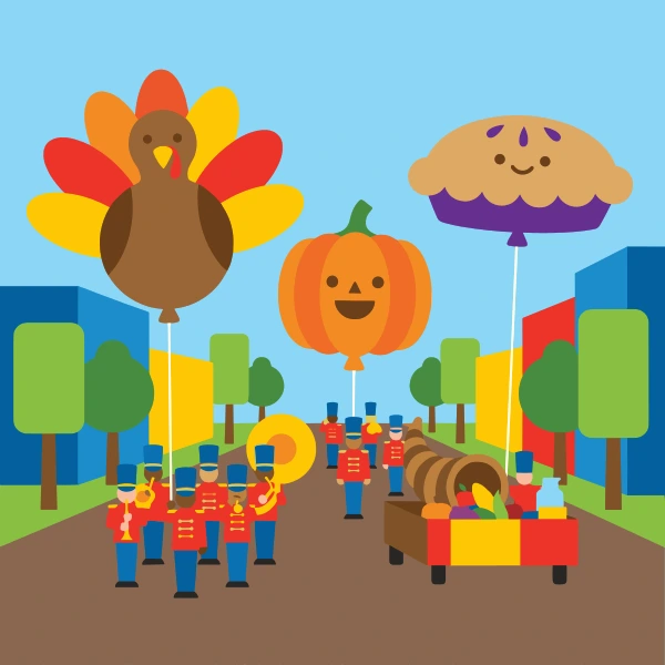 Thanksgiving parade with marching band in red uniforms and giant turkey pumpkin and pie balloons on city street