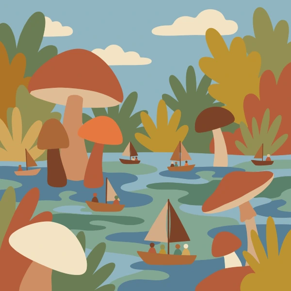 Boats Among Giant Mushrooms free printable jigsaw puzzle & coloring page
