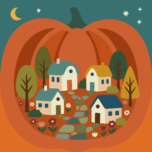 Village Inside Giant Pumpkin free printable jigsaw puzzle & coloring page