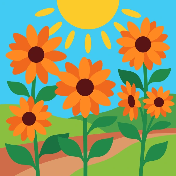 Five large deep orange daisy-like flowers with dark maroon centers growing under a bright yellow sun against a blue sky
