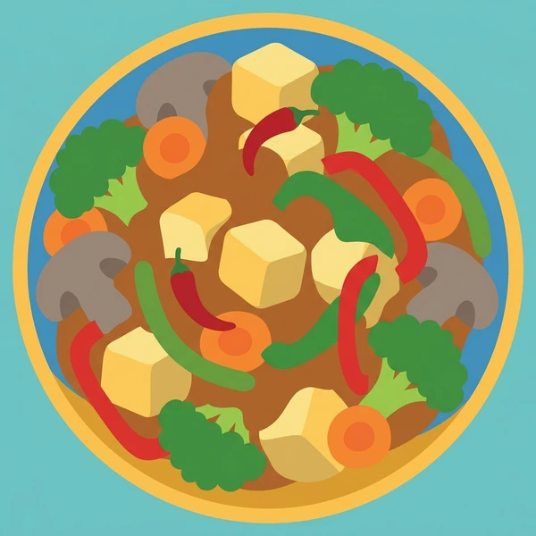 Tofu In Stir Fry scene showing tofu cubes, pan-fried golden edges, stir-fry vegetables, soy sauce, and wok in a food coloring puzzle