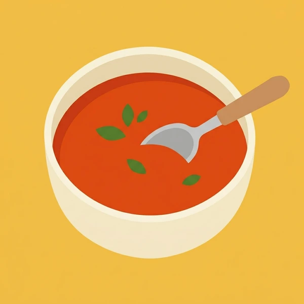 Tomato Soup By Spoon scene showing tomato soup, vivid red-orange base, cream swirl, basil garnish, and spoon setting in a food coloring puzzle