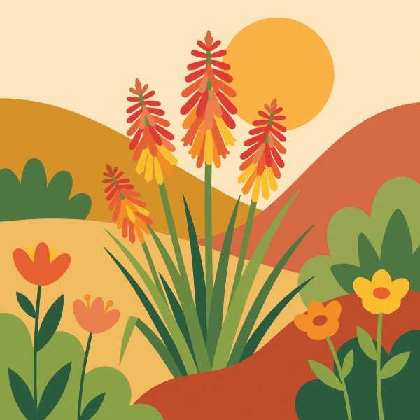 Three tall torch lily spikes in red and yellow above long green leaves, with small orange and yellow companion flowers against warm ochre hills