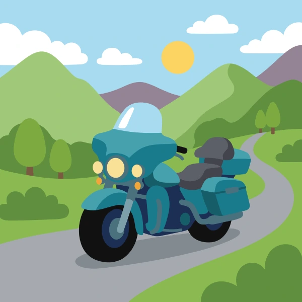 Navy blue, charcoal, and teal touring motorcycle among trees, hills, or mountains with a winding path or river nearby.