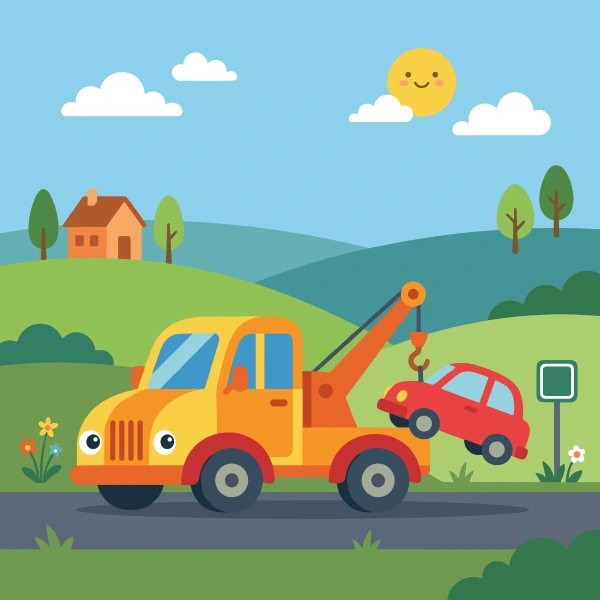 Tow truck in teal, grass green, and orange on roadside, with sky blue sky and charcoal ground.