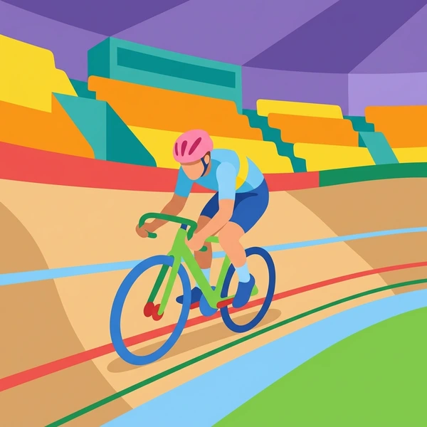 Track cyclist in pink helmet on a banked velodrome with colorful orange yellow turquoise and purple geometric painted sections