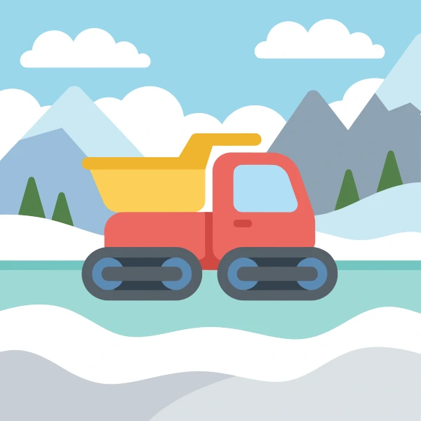 Coral, charcoal, and sun yellow tracked hauler surrounded by white snow, blue shadows, pine trees, and cold mountains.