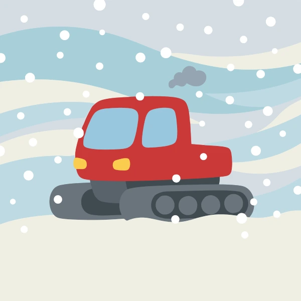 Red, charcoal, and sky blue tracked snowcat surrounded by white snow, blue shadows, pine trees, and cold mountains.