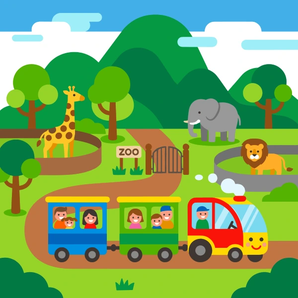 Colorful tourist train rolling through a zoo with a giraffe, elephant, lion, trees, and a bright ZOO sign.