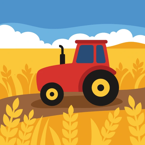 Red tractor with yellow wheels and blue cab windows driving through tall golden wheat stalks on a brown dirt path under a blue wavy sky.