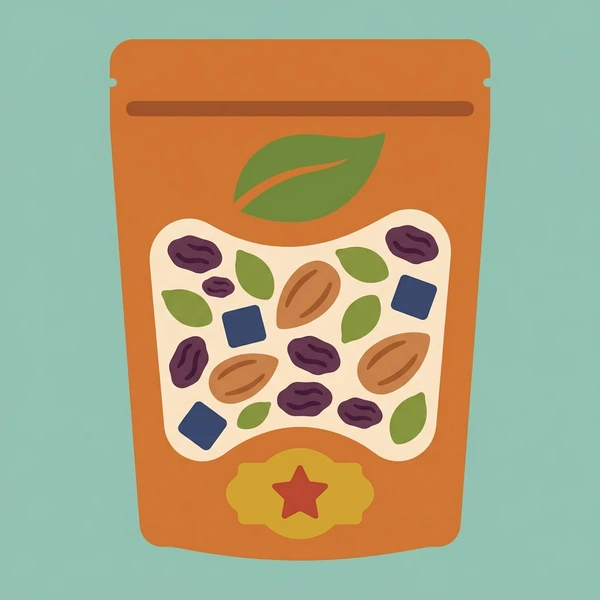 Trail Mix In Pouch scene showing trail mix, mixed nuts, dried cranberries, chocolate chips, seeds, and snack pouch in a food coloring puzzle